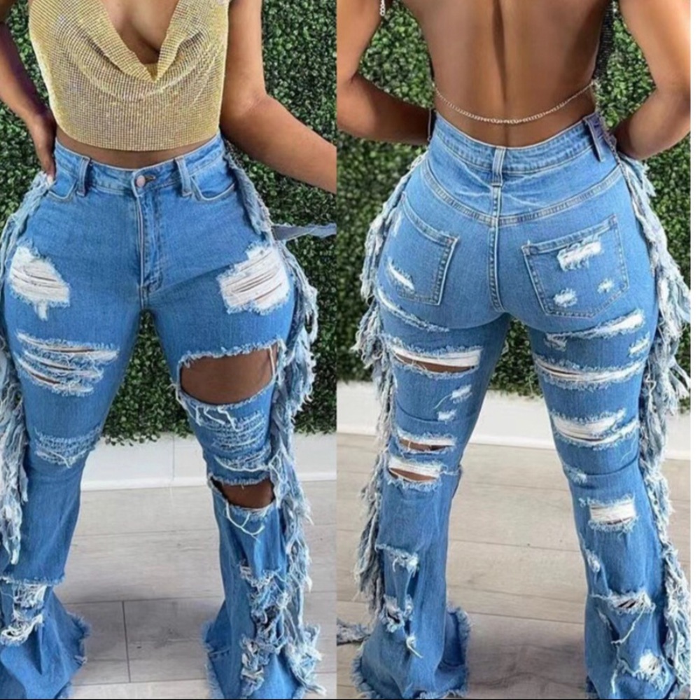 Fringe distressed jean